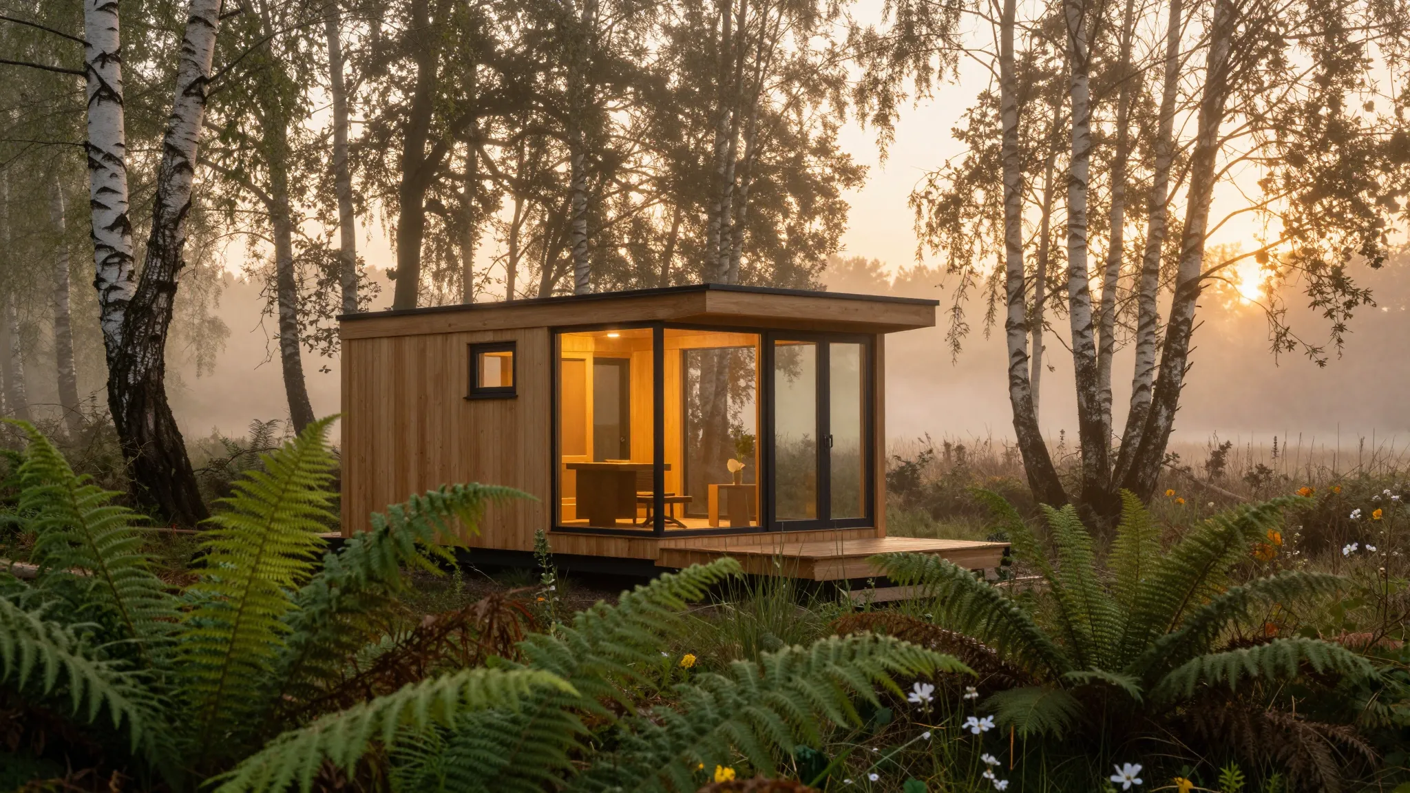 Timber tiny home in misty British woodland at golden hour